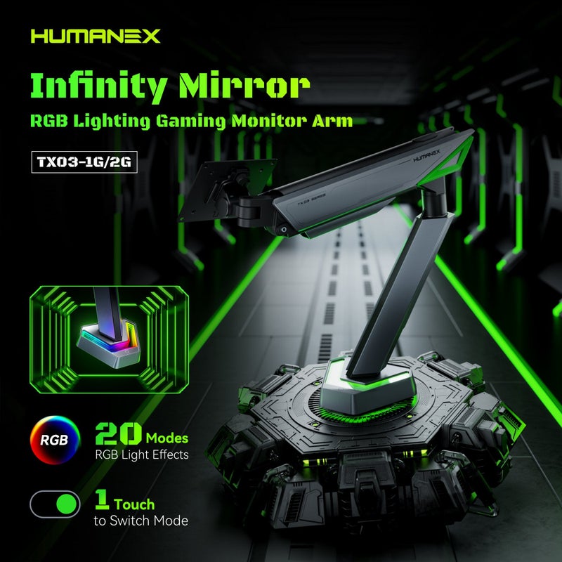 Humanex Gaming Monitor Arm & Single Monitor Stand, Heavy Duty RGB Desk Mount for 17–45″ Screens, Supports up to 16 kg, Full-Motion Tilt, Swivel & 360° Screen Rotation, Infinity Mirror with 20 RGB Lighting Modes, VESA 75×75 / 100×100, Built-In Cable Management, C-Clamp & Grommet – Humanex TX03-1G, Matte Black & Dark Grey - Image 3