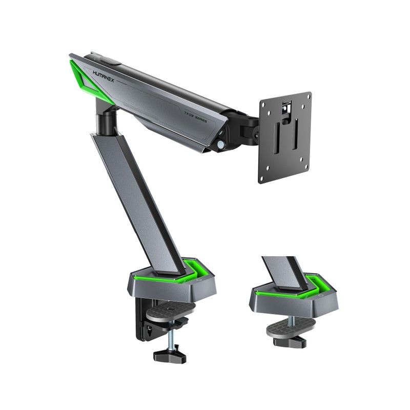 Humanex Gaming Monitor Arm & Single Monitor Stand, Heavy Duty RGB Desk Mount for 17–45″ Screens, Supports up to 16 kg, Full-Motion Tilt, Swivel & 360° Screen Rotation, Infinity Mirror with 20 RGB Lighting Modes, VESA 75×75 / 100×100, Built-In Cable Management, C-Clamp & Grommet – Humanex TX03-1G, Matte Black & Dark Grey - Image 1