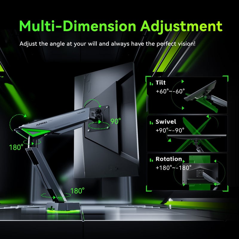Humanex Gaming Monitor Arm & Single Monitor Stand, Heavy Duty RGB Desk Mount for 17–45″ Screens, Supports up to 16 kg, Full-Motion Tilt, Swivel & 360° Screen Rotation, Infinity Mirror with 20 RGB Lighting Modes, VESA 75×75 / 100×100, Built-In Cable Management, C-Clamp & Grommet – Humanex TX03-1G, Matte Black & Dark Grey - Image 5