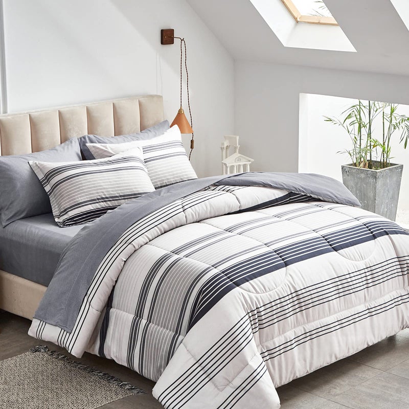 Flysheep Ombre Boho Striped Bed in a Bag 6 Pieces Twin Size Grey n Navy Black Stripes on White Comforter Sheet Set 1 Comforter 1 Flat Sheet 1 Fitted Sheet 2 Pillow Shams 1 Pillowcase
