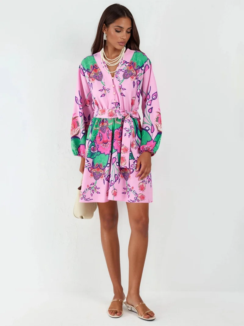 جينيفر Floral V-Neck A-Line Mini Dress with Belt