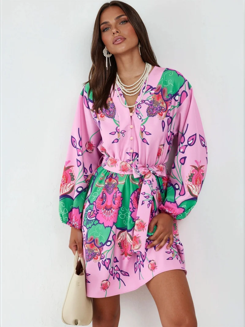 جينيفر Floral V-Neck A-Line Mini Dress with Belt