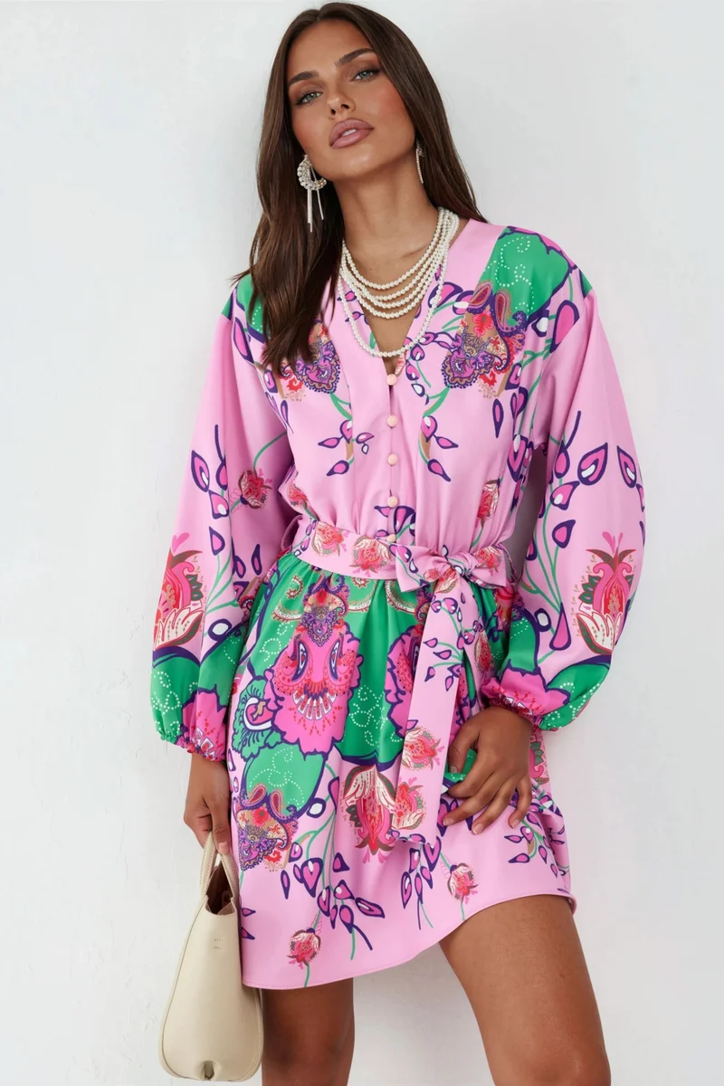 Jennyfer Floral V-Neck A-Line Mini Dress with Belt