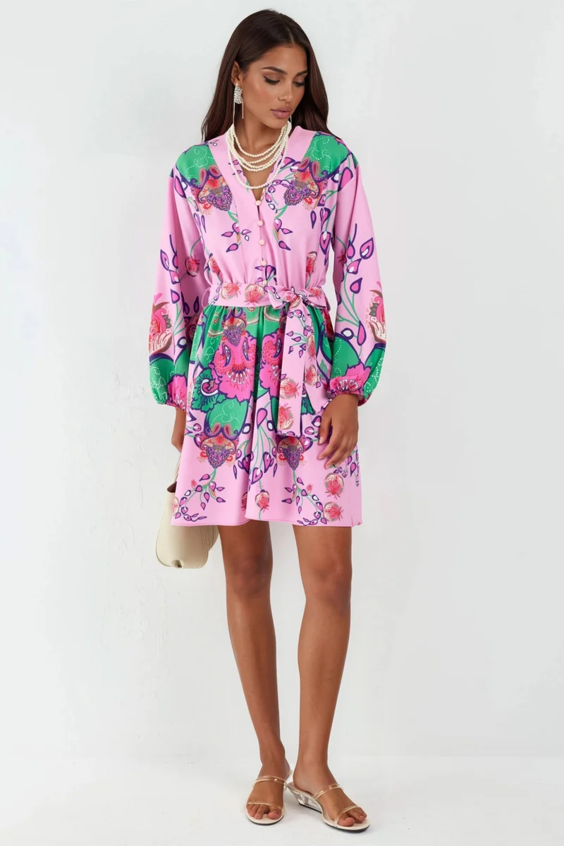 Jennyfer Floral V-Neck A-Line Mini Dress with Belt
