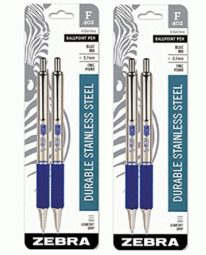 Zebra Pen Zebra F-402 Stainless Steel Retractable Ballpoint Pen, 0.7mm, Blue, 4-Pack (29222) - Image 2