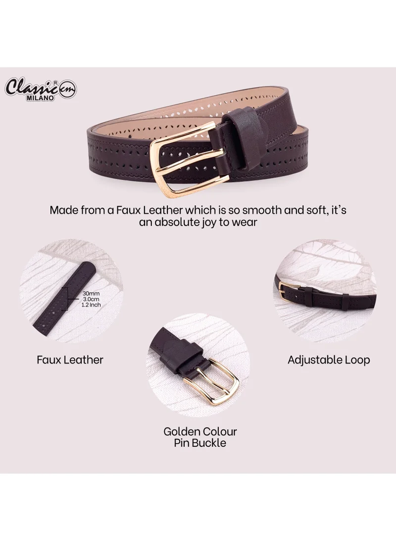 Classic Milano Brown (SGPU44) Classic Milano Women's Belt with Gift Box; Faux Leather Ladies Belt for Dresses, Jeans & Gowns; Stylish Womens Belt; Adjustable Girls Belt; Belt for Women | Full Length: 110 CM (Free Size - Fits up to the waist of 40 Inches / 100 CM) for Women | Best Price UAE