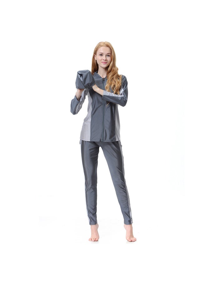 Hanyimidoo Women's Muslim Conservative 3-Piece Swimwear Gray Long Sleeve Sun Protection for Beach Hot Spring - Image 2