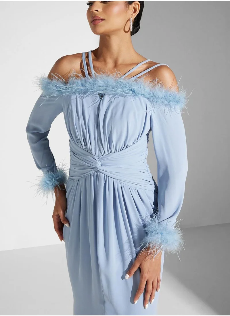 Akadia Fashion Feather Trim Maxi Dress