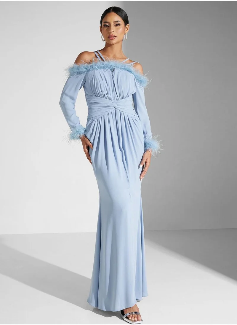 Akadia Fashion Feather Trim Maxi Dress