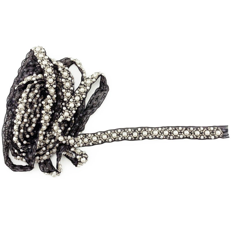 BETITETO 3Yards Pearl Beaded Trim Lace Ribbon Trimming Edge Embellishments for Sewing Bridal Dress Party Clothes Wedding Decoration Fabric Crafts DIY Black Ribbon