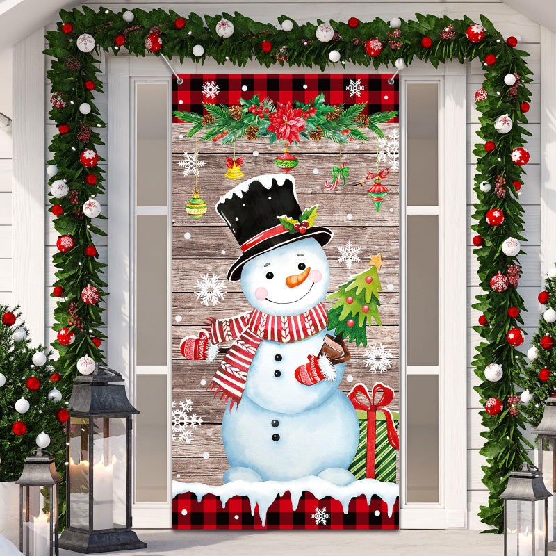 Tiamon Snowman Wood Grain Christmas Door Cover 6 x 3 Feet Polyester Indoor and Outdoor Unisex for Party Winter Occasion Decor Supplies