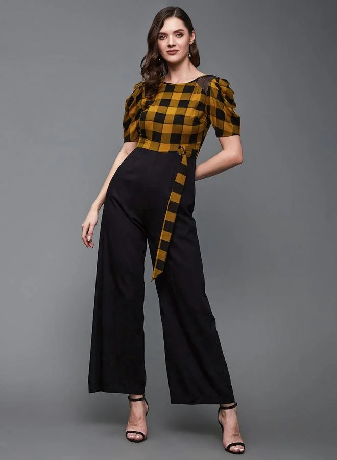 Styli Checkered Wide Leg Puff Sleeve Jumpsuit