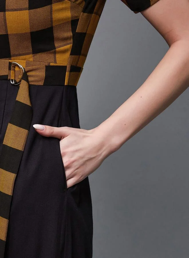Styli Checkered Wide Leg Puff Sleeve Jumpsuit