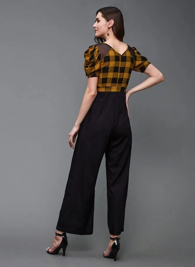 Styli Checkered Wide Leg Puff Sleeve Jumpsuit