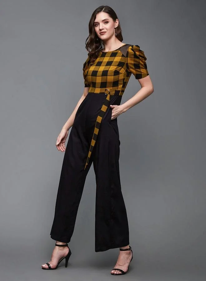 Styli Checkered Wide Leg Puff Sleeve Jumpsuit