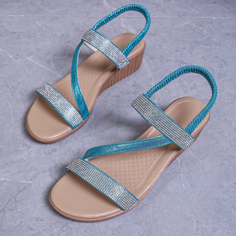 2024 Rhinestone Elastic Wedge Sandals for Women Blue theme
