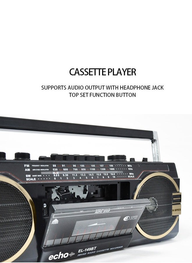 echo AUDIO Echo Audio Retro Blast Bluetooth Boombox Portable Cassette Player Tape Recorder AM/FM/SW 3 Band Radio Two 8W X-Bass Speakers Voice Recording Headphone Jack Supports USB and SD Cards  - Image 4