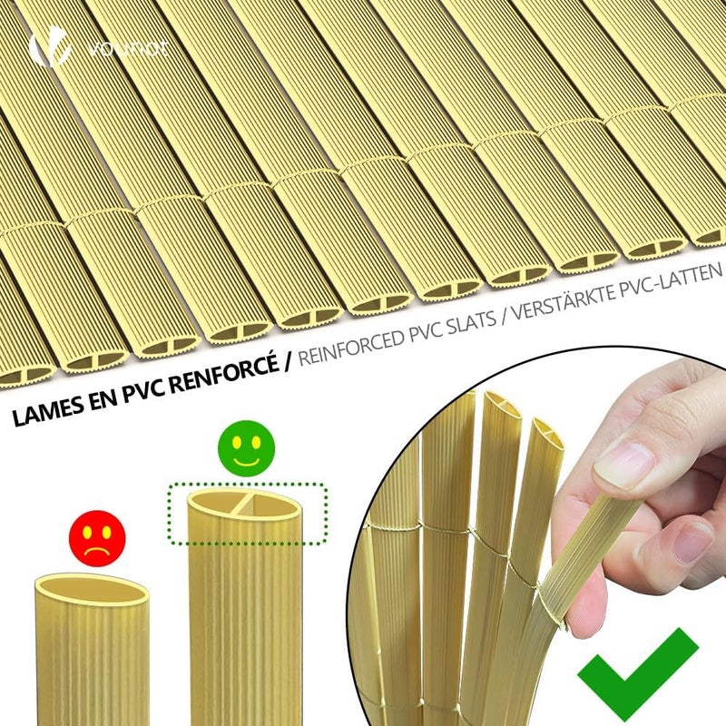 VOUNOT سياج حماية الخصوصية من PVC، مقاس 80 × 500 سم، مزود بدعامات مقواة لحماية الخصوصية في الحديقة والشرفة والتراس، يوفر حماية من الرياح وأشعة الشمس في الهواء الطلق، لون بامبو - Image 2