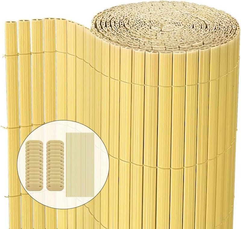 VOUNOT سياج حماية الخصوصية من PVC، مقاس 80 × 500 سم، مزود بدعامات مقواة لحماية الخصوصية في الحديقة والشرفة والتراس، يوفر حماية من الرياح وأشعة الشمس في الهواء الطلق، لون بامبو - Image 1