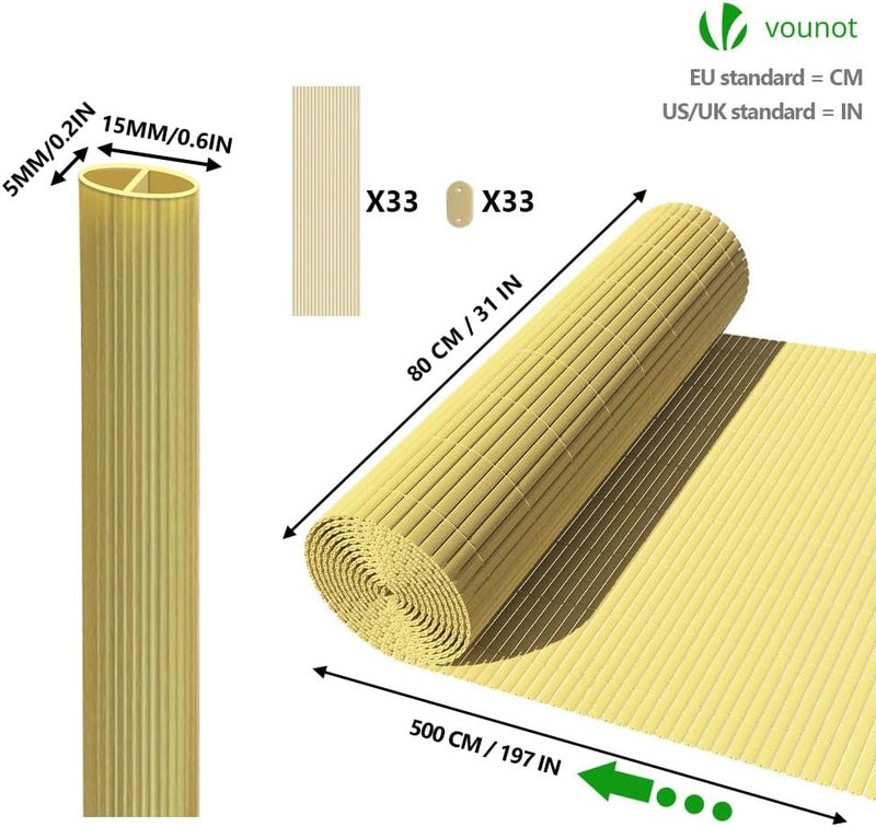 VOUNOT سياج حماية الخصوصية من PVC، مقاس 80 × 500 سم، مزود بدعامات مقواة لحماية الخصوصية في الحديقة والشرفة والتراس، يوفر حماية من الرياح وأشعة الشمس في الهواء الطلق، لون بامبو - Image 5