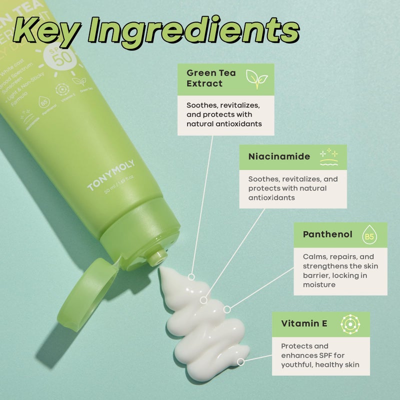 TONYMOLY Green Tea Korean Sunscreen SPF 50 â€“ Non-Greasy Broad Spectrum Face Sunscreen with Niacinamide, Panthenol & Hyaluronic Acid, Travel Size 50ml - Image 4