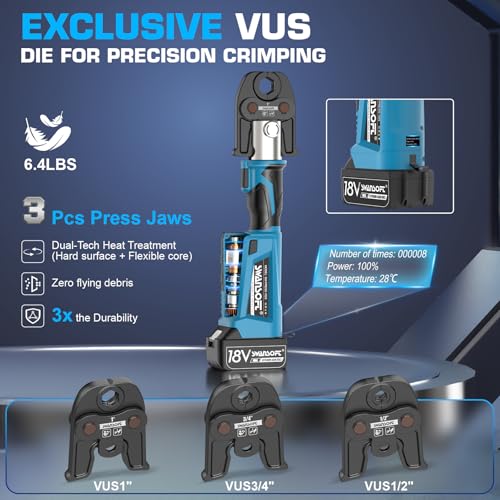 SWANSOFT Pro Press Copper Crimper Propress Tool, 22KN 18V 4Ah Electric Hydraulic Pro Press Copper Crimper Tool with 3 US Standard Jaws 1/2",3/4'', 1" Pipe Crimping, Cordless Propress Tool Kit - Image 3