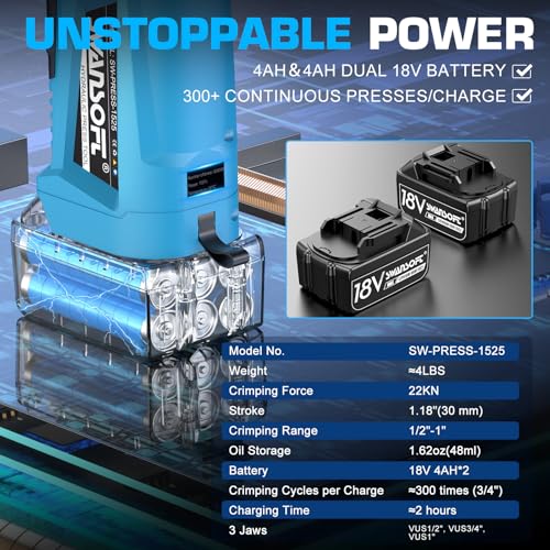 SWANSOFT Pro Press Copper Crimper Propress Tool, 22KN 18V 4Ah Electric Hydraulic Pro Press Copper Crimper Tool with 3 US Standard Jaws 1/2",3/4'', 1" Pipe Crimping, Cordless Propress Tool Kit - Image 5