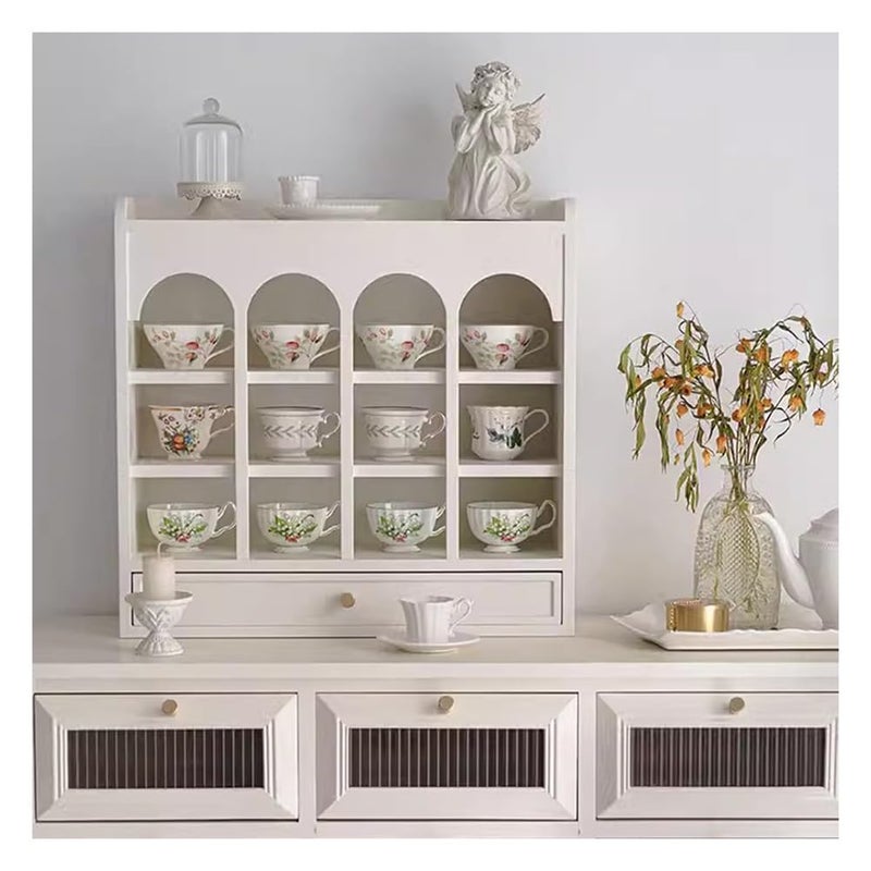 Etlegor Wooden Coffee Mug Storage Cabinet, Rustic Curio Display Shelves Travel Mug Shelf Desktop Coffee Mug Rack Holder Shadow Box Shelf Bottom with Drawers (Color : White, Size : 58x18x56cm) - Image 1