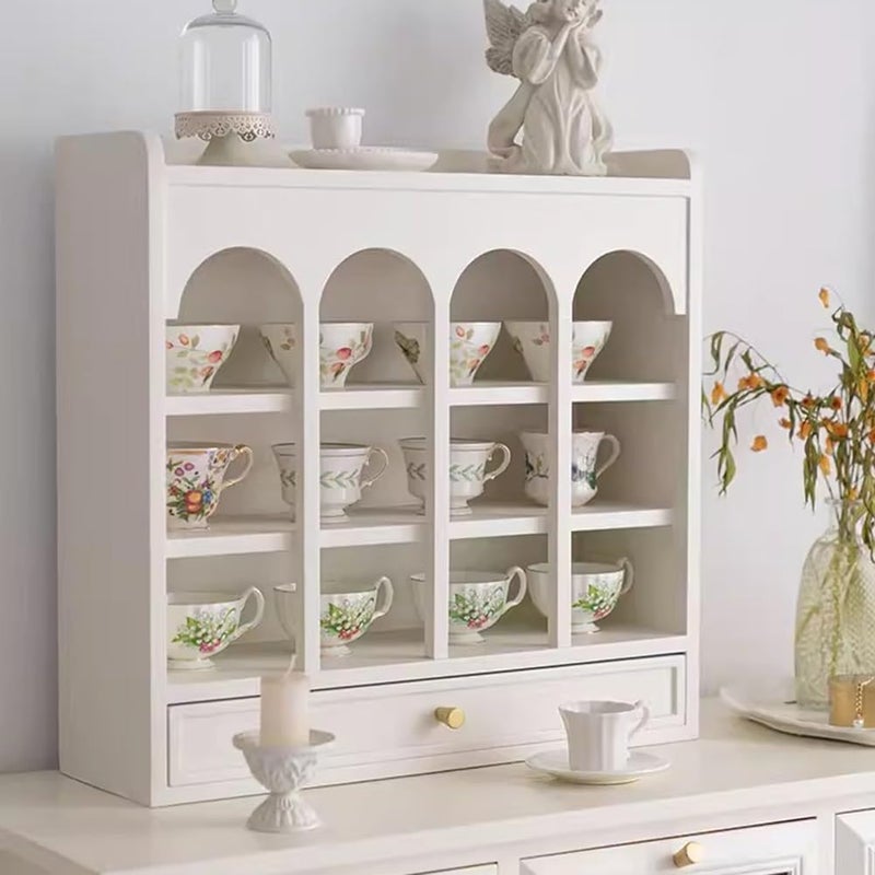 Etlegor Wooden Coffee Mug Storage Cabinet, Rustic Curio Display Shelves Travel Mug Shelf Desktop Coffee Mug Rack Holder Shadow Box Shelf Bottom with Drawers (Color : White, Size : 58x18x56cm) - Image 3