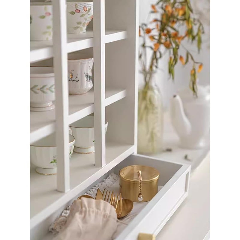Etlegor Wooden Coffee Mug Storage Cabinet, Rustic Curio Display Shelves Travel Mug Shelf Desktop Coffee Mug Rack Holder Shadow Box Shelf Bottom with Drawers (Color : White, Size : 58x18x56cm) - Image 5