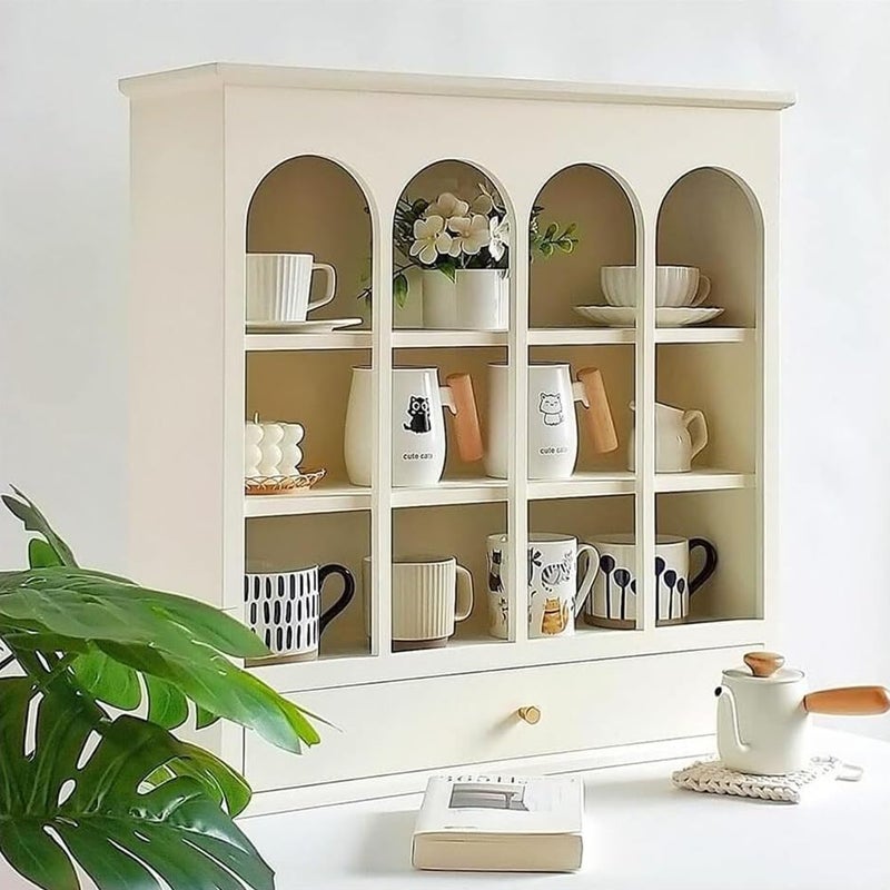 Etlegor Wooden Coffee Mug Storage Cabinet, Rustic Curio Display Shelves Travel Mug Shelf Desktop Coffee Mug Rack Holder Shadow Box Shelf Bottom with Drawers (Color : White, Size : 58x18x56cm) - Image 2