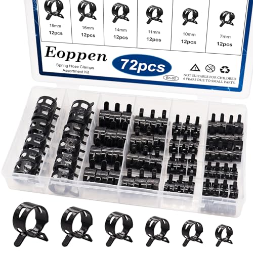 Eoppen 72Pcs Spring Hose Clamps Fuel Line Silicone Vacuum Hose Low Pressure Air Clamps & Sleeving Automotive Replacement Fastener Assortment Kit 6 Sizes (7mm 10mm 11mm 14mm 16mm 18mm) Black - Image 1