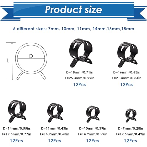 Eoppen 72Pcs Spring Hose Clamps Fuel Line Silicone Vacuum Hose Low Pressure Air Clamps & Sleeving Automotive Replacement Fastener Assortment Kit 6 Sizes (7mm 10mm 11mm 14mm 16mm 18mm) Black - Image 2