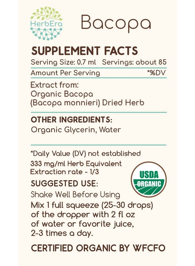 HerbEra Bacopa B60 Usda Organic Tincture ; Alcoholfree Extract Highpotency Herbal Drops Relaxation Positive Cognitive Effect ; Certified Organic Bacopa (Bacopa Monnieri) Dried Herb (2 Fl Oz) - Image 4