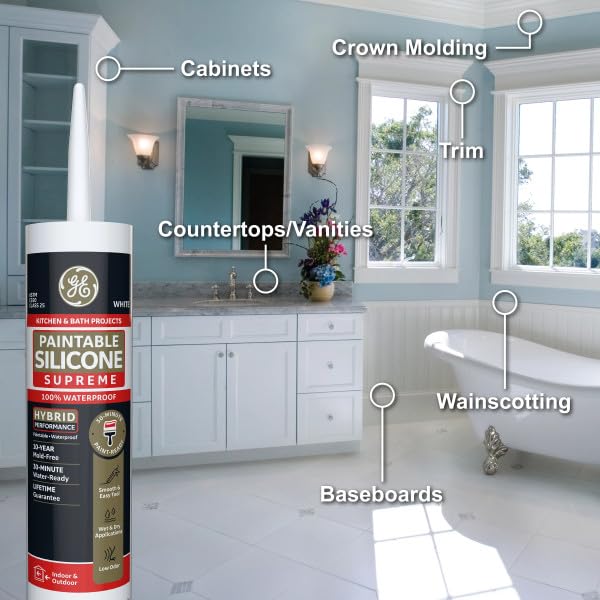 GE Supreme Paintable Silicone Caulk for Kitchen & Bathroom, White, 9.5 fl oz Cartridge, 1 Pack - 100% Waterproof Silicone Sealant, 7X Stronger Adhesion, Shrink & Crack Proof - Image 3