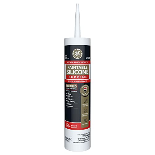 GE Supreme Paintable Silicone Caulk for Kitchen & Bathroom, White, 9.5 fl oz Cartridge, 1 Pack - 100% Waterproof Silicone Sealant, 7X Stronger Adhesion, Shrink & Crack Proof - Image 1
