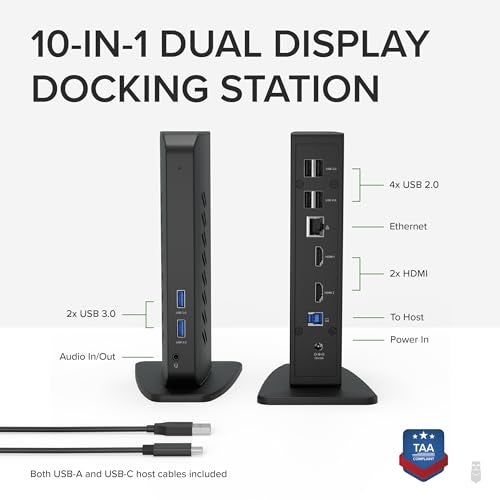 Plugable USB 3.0 and USB-C Universal Laptop Docking Station with 2 HDMI Ports for Windows, Mac (Driver Required), and ChromeOS. Gigabit Ethernet, Audio - Image 2