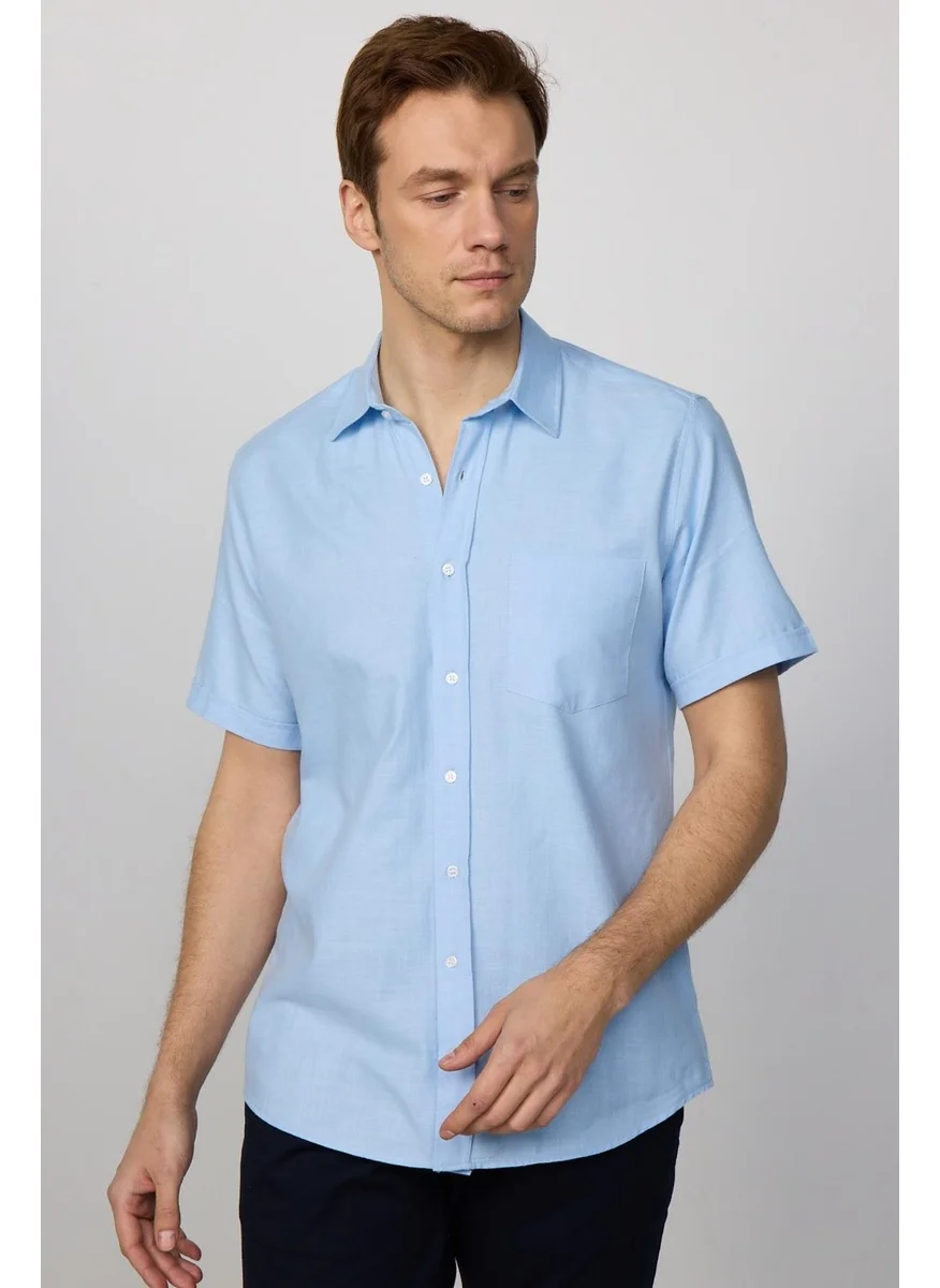 Tudors Classic Fit Short Sleeve Linen Cotton Blue Men's Shirt with Pockets