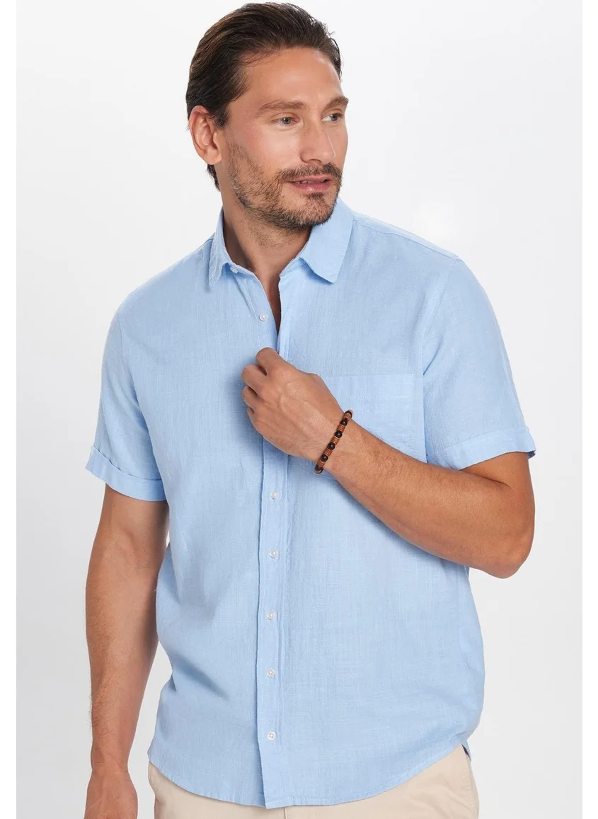 Tudors Classic Fit Short Sleeve Linen Cotton Blue Men's Shirt with Pockets