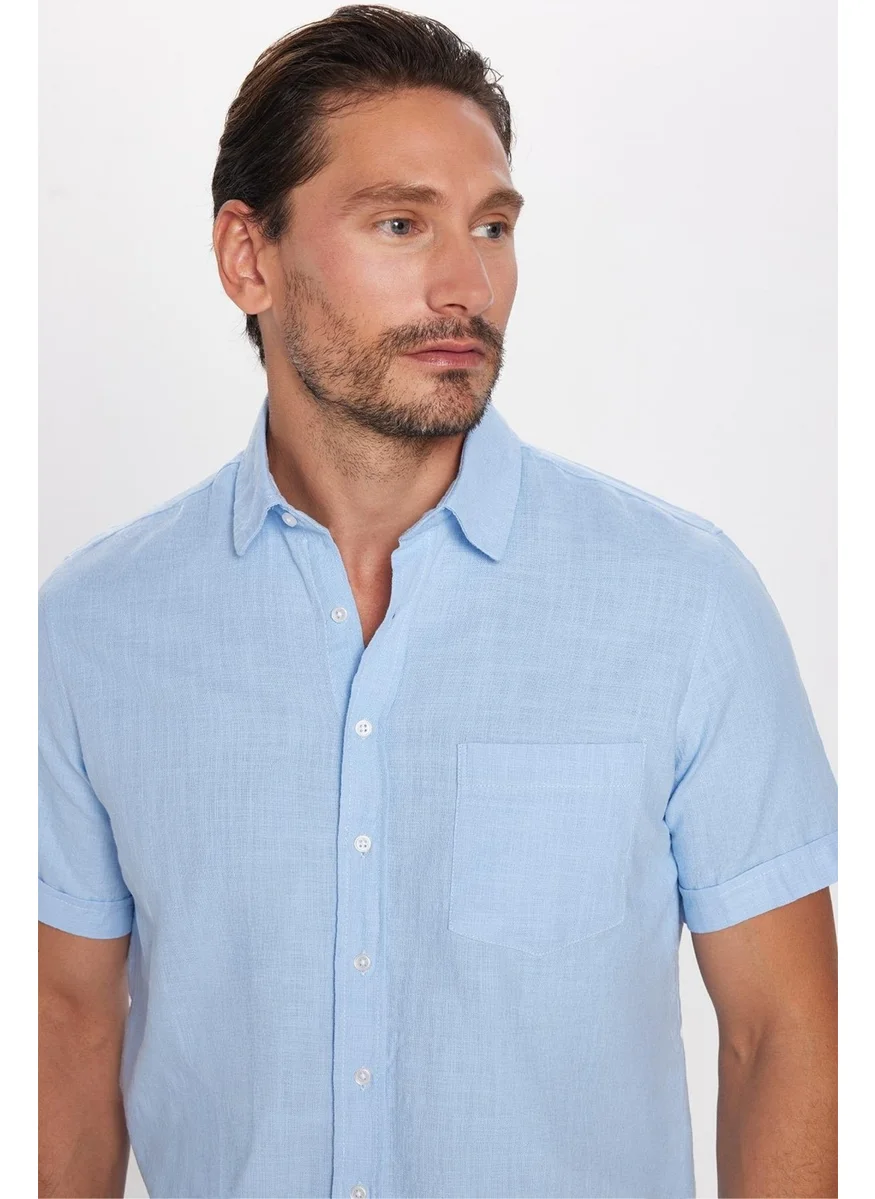 Tudors Classic Fit Short Sleeve Linen Cotton Blue Men's Shirt with Pockets