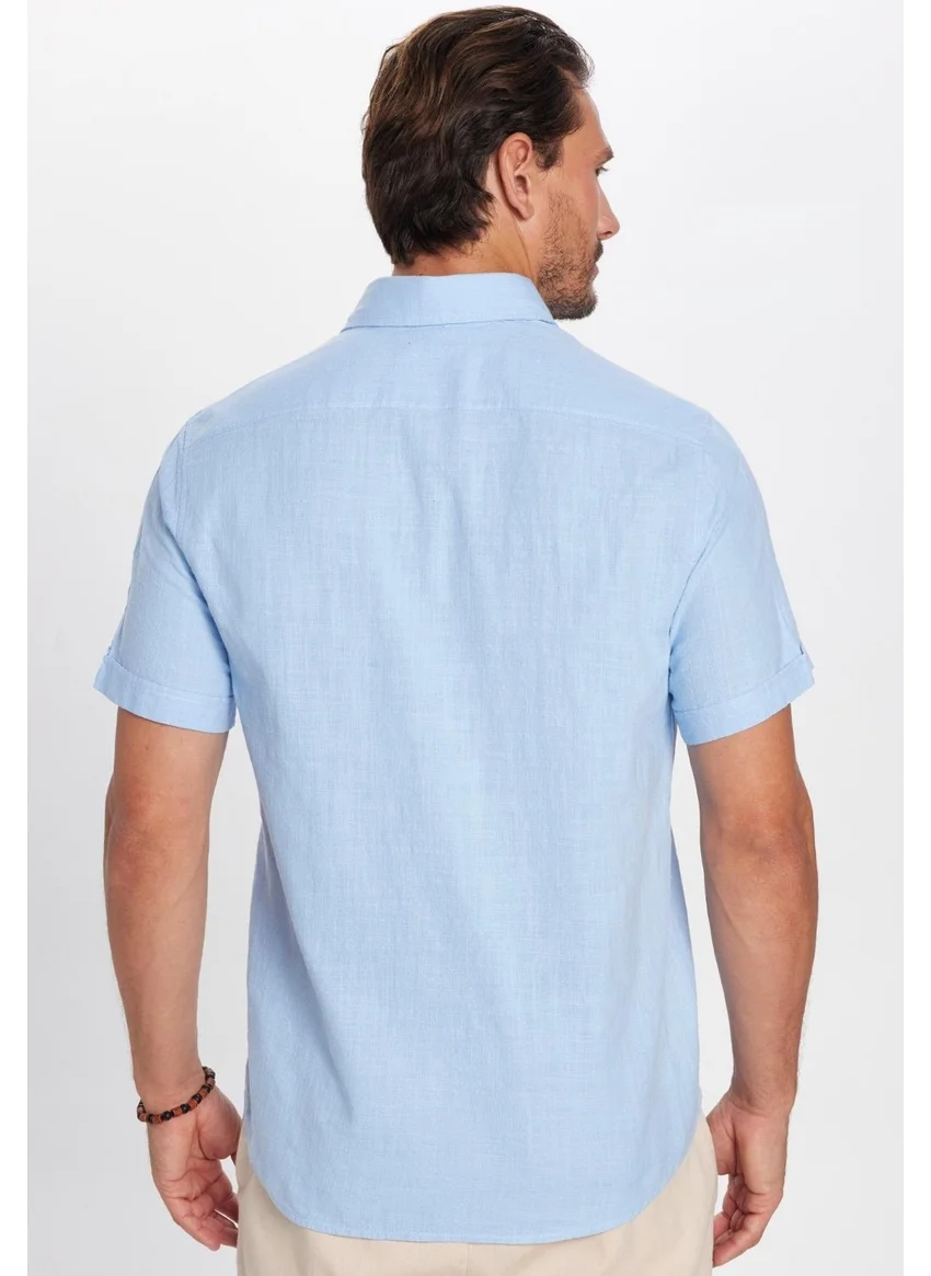تودورس Classic Fit Short Sleeve Linen Cotton Blue Men's Shirt with Pockets