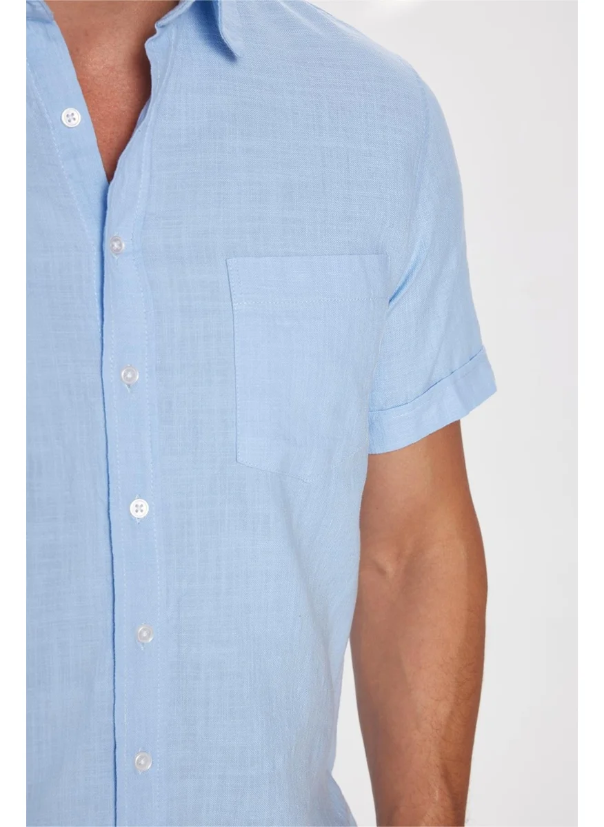 تودورس Classic Fit Short Sleeve Linen Cotton Blue Men's Shirt with Pockets