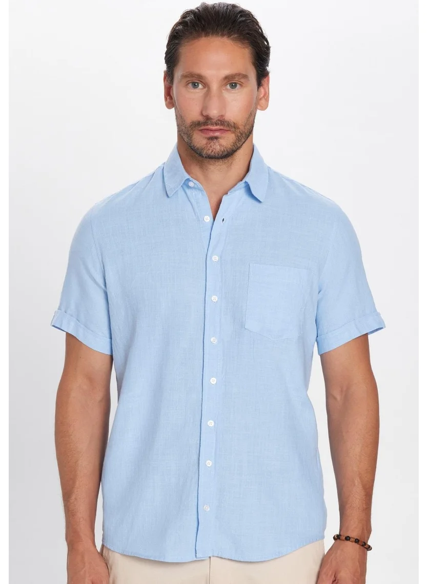 تودورس Classic Fit Short Sleeve Linen Cotton Blue Men's Shirt with Pockets