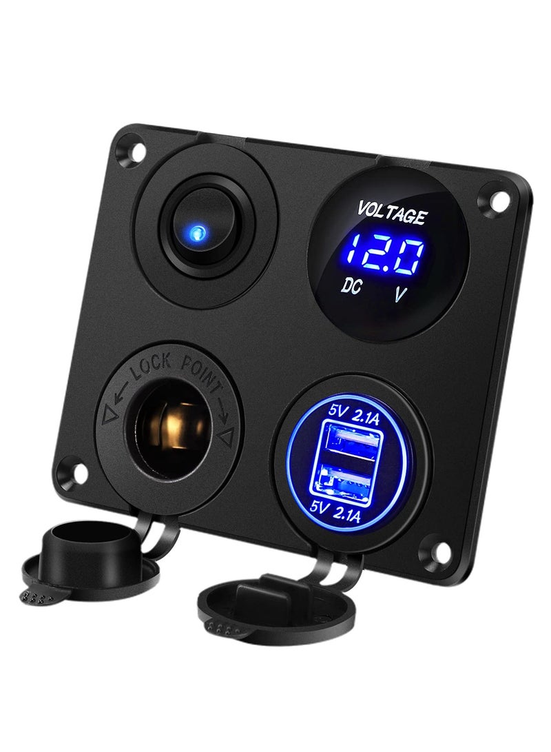 4-in-1 Car Charger Switch Panel with Dual USB Ports, LED Voltmeter, ON/OFF Toggle Switch, and Cigarette Socket for Cars, Boats, and Marine Use (Type A) - Image 1