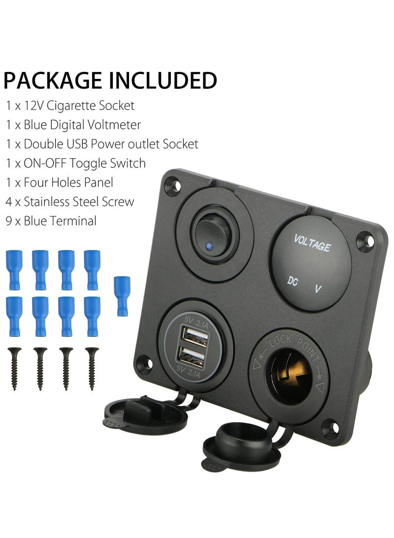 4-in-1 Car Charger Switch Panel with Dual USB Ports, LED Voltmeter, ON/OFF Toggle Switch, and Cigarette Socket for Cars, Boats, and Marine Use (Type A) - Image 5