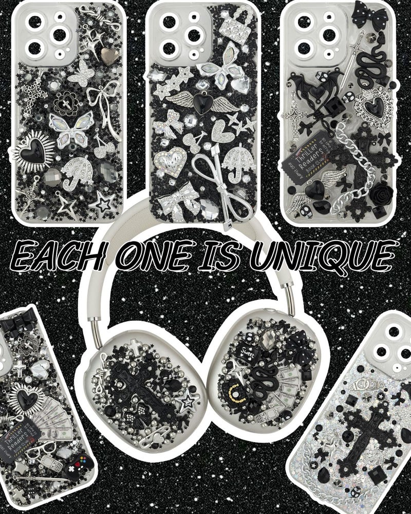 DoDoBeads 2250 Pcs Black Silver Junk Case Charms Kit, Cool Charms for Junk Cases, Big Cross, Bat, Snake, Spiked Heart, Chains, Dollar Charm, Black Letter Beads, Silver Studs, Glitter Confetti - Image 5