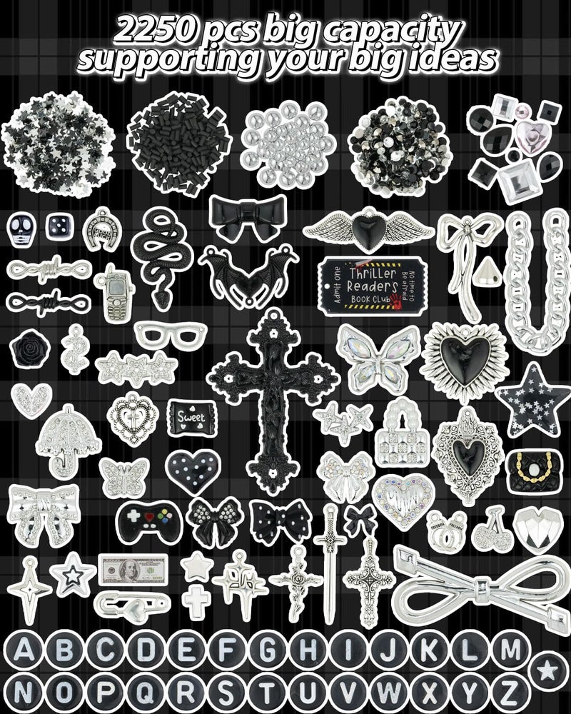 DoDoBeads 2250 Pcs Black Silver Junk Case Charms Kit, Cool Charms for Junk Cases, Big Cross, Bat, Snake, Spiked Heart, Chains, Dollar Charm, Black Letter Beads, Silver Studs, Glitter Confetti - Image 3