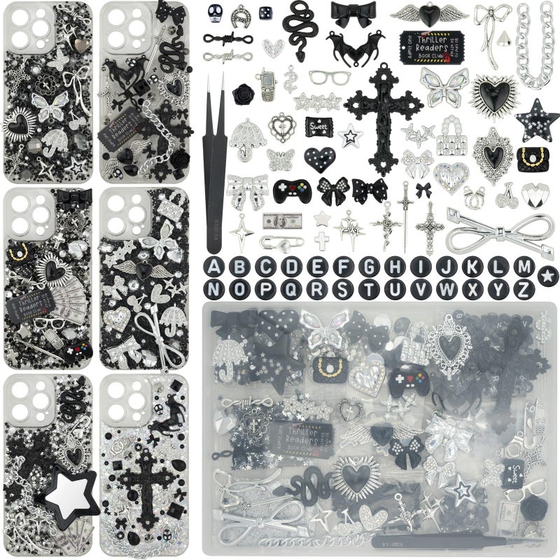 DoDoBeads 2250 Pcs Black Silver Junk Case Charms Kit, Cool Charms for Junk Cases, Big Cross, Bat, Snake, Spiked Heart, Chains, Dollar Charm, Black Letter Beads, Silver Studs, Glitter Confetti - Image 1