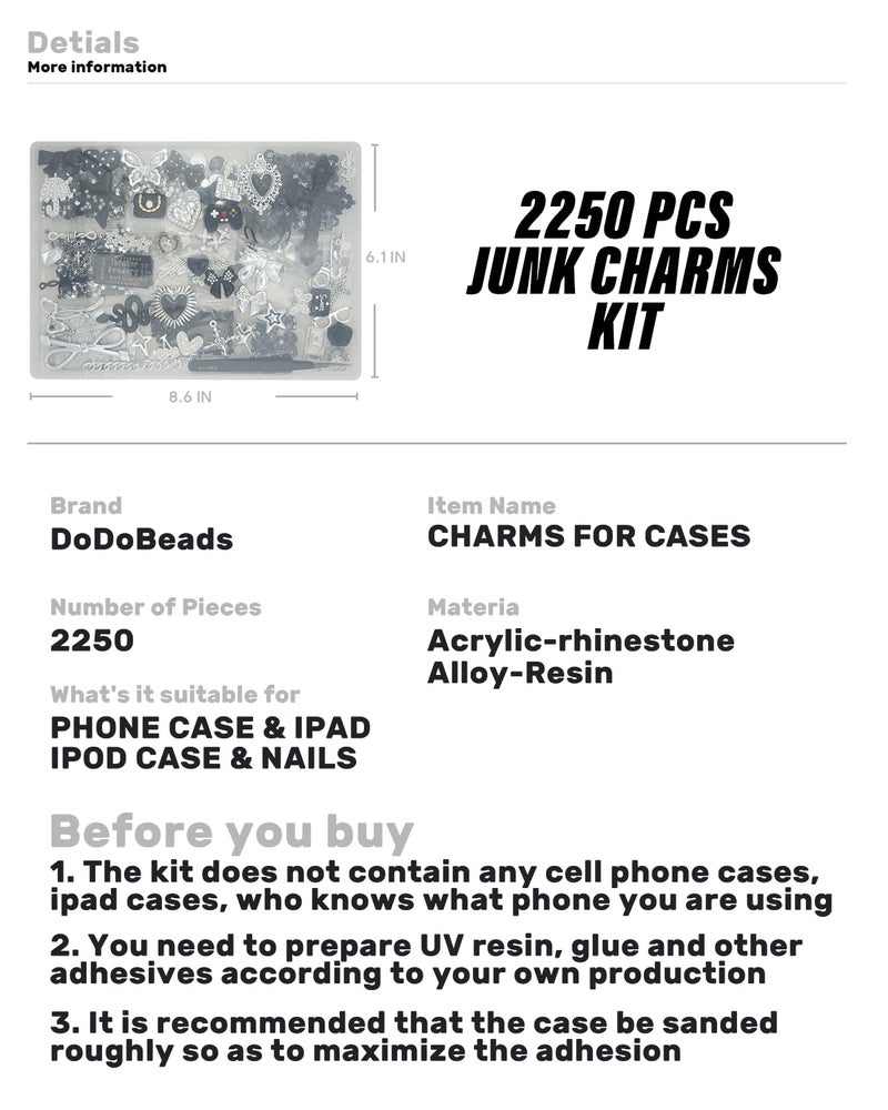 DoDoBeads 2250 Pcs Black Silver Junk Case Charms Kit, Cool Charms for Junk Cases, Big Cross, Bat, Snake, Spiked Heart, Chains, Dollar Charm, Black Letter Beads, Silver Studs, Glitter Confetti - Image 2