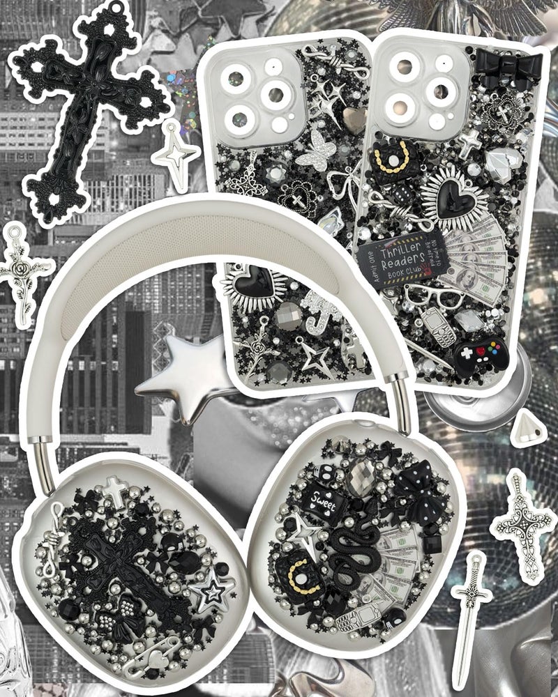 DoDoBeads 2250 Pcs Black Silver Junk Case Charms Kit, Cool Charms for Junk Cases, Big Cross, Bat, Snake, Spiked Heart, Chains, Dollar Charm, Black Letter Beads, Silver Studs, Glitter Confetti - Image 4